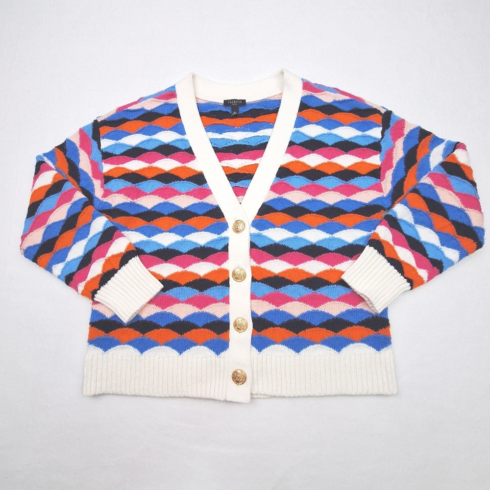 Talbots Cardigan Womens Medium Petite Blue Orange Wave Preppy Sweater